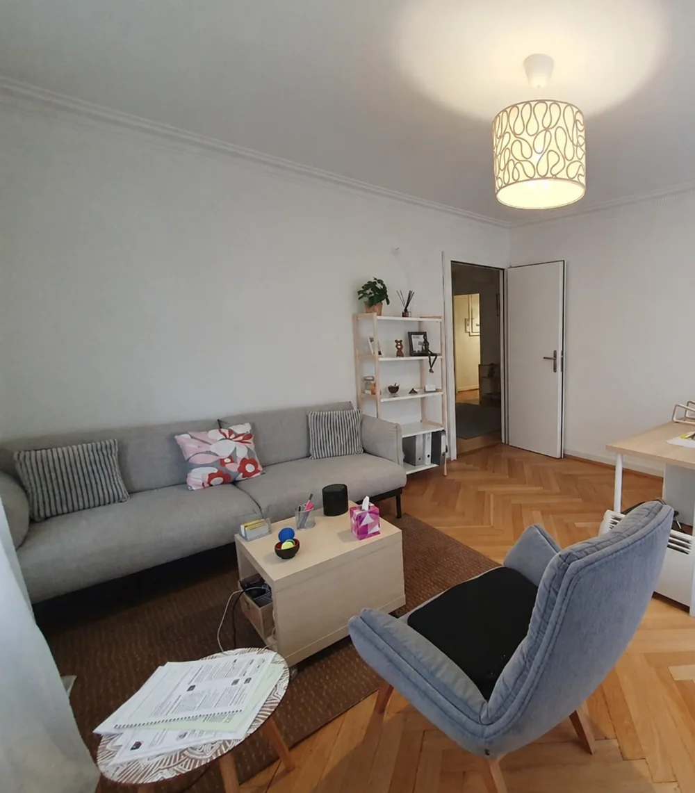Intérieur du cabinet : canapé, fauteuil et table basse