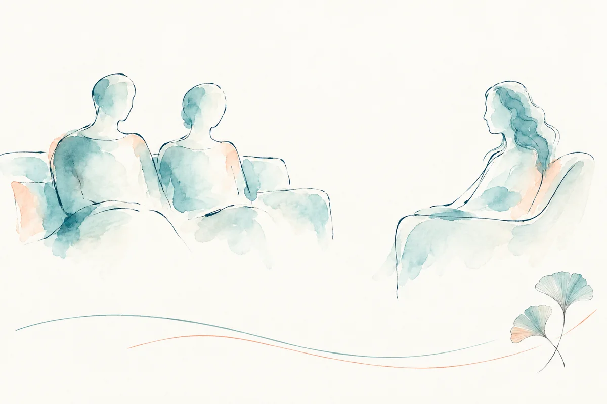 Illustration abstraite de deux partenaires en dialogue avec une thérapeute